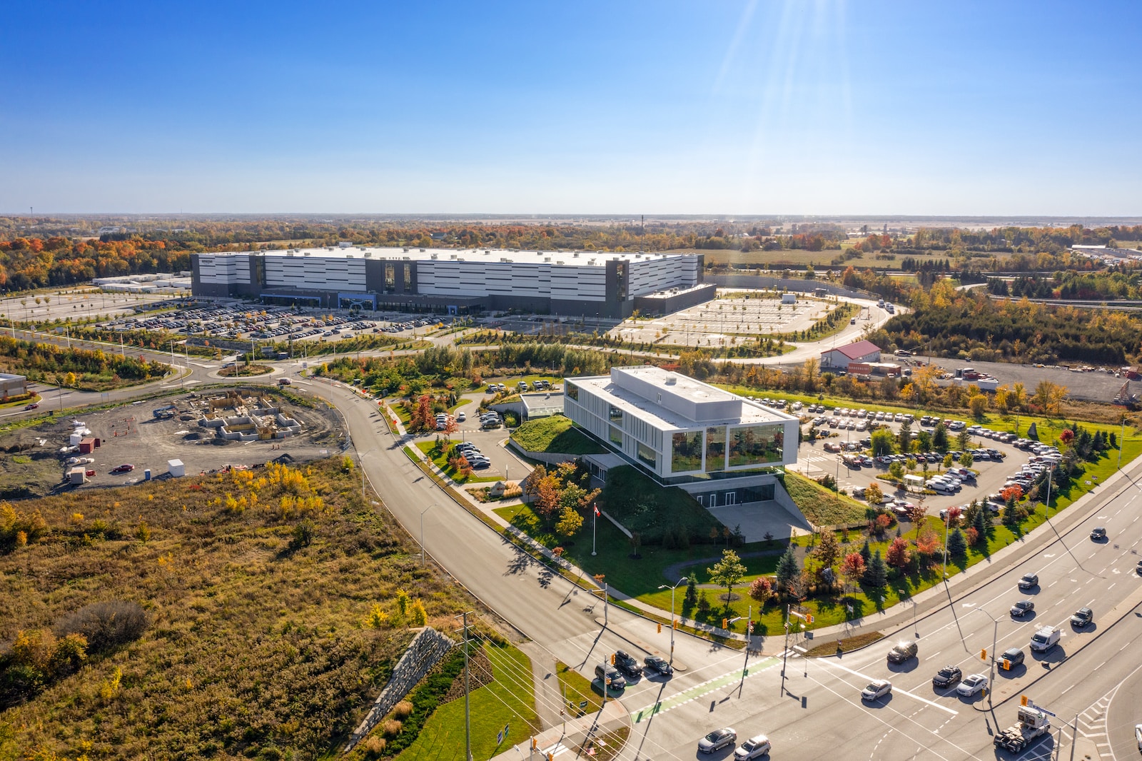 a large building with a parking lot